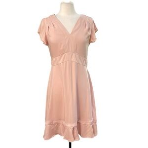 Nanette Lepore Puff Sleeve Vee Neck Dress Ruffle Hem SZ 8 Blush